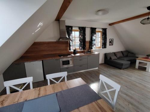 a kitchen and living room with a couch and a table at Apartmány Orlické záhoří in Orlické Záhoří 