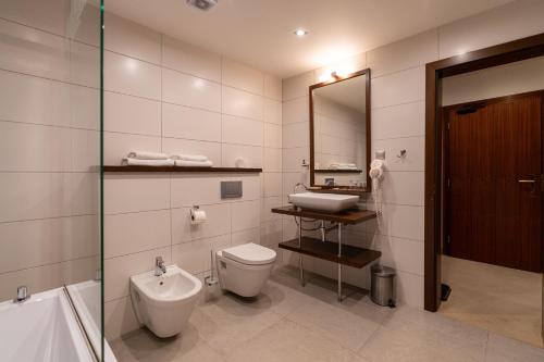 a bathroom with a toilet and a sink and a mirror at Hotel Arkada in Levoča