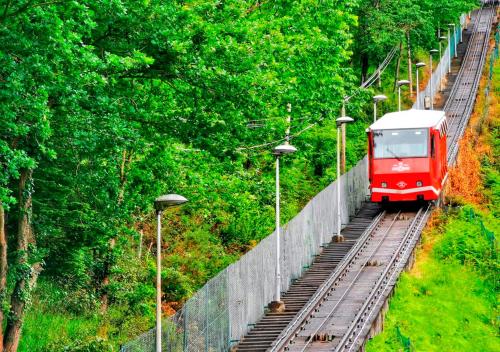 a red train on a train track with trees at Caserio Urikosolo in Bilbao