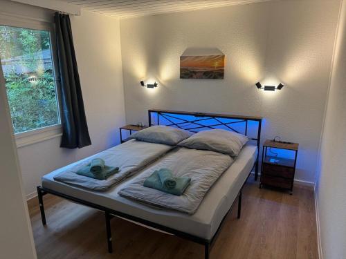 SeddinにあるBungalowdorf Seddiner See - Bungalow 9の枕が2つ置かれたベッドのある寝室