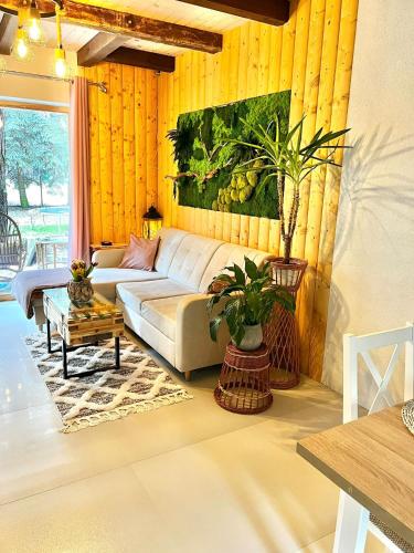 a living room with a white couch and a plant at Leśna Ostoja 