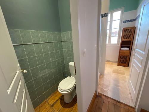 a bathroom with a toilet and green tiles at MyQuinsac in Quinsac