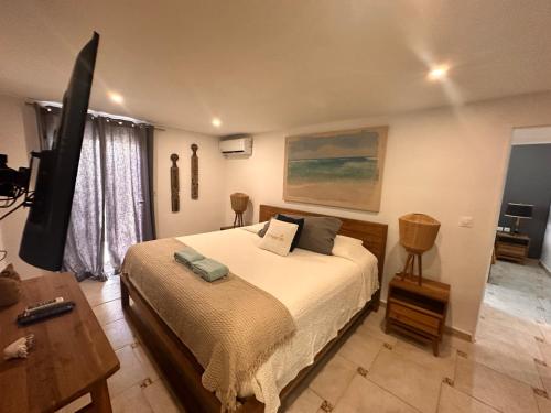a bedroom with a bed and a desk and a television at Villa Côté Plage in Marigot