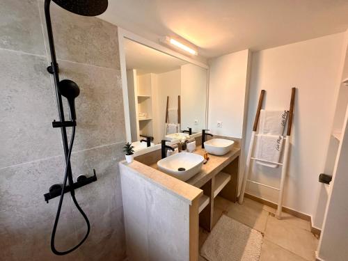 a bathroom with a shower and a sink and a mirror at Villa Côté Plage in Marigot