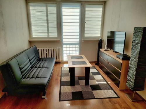a living room with a couch and a coffee table at Apartament 59 , ranczoturystyka Bielawa Sudety in Bielawa