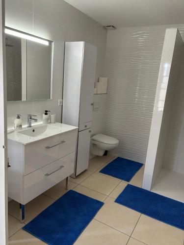 a bathroom with a sink and a toilet with blue rugs at Maison au calme in Chassors