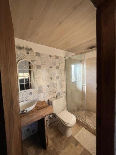 a bathroom with a toilet and a sink and a shower at La Aruera in Salto