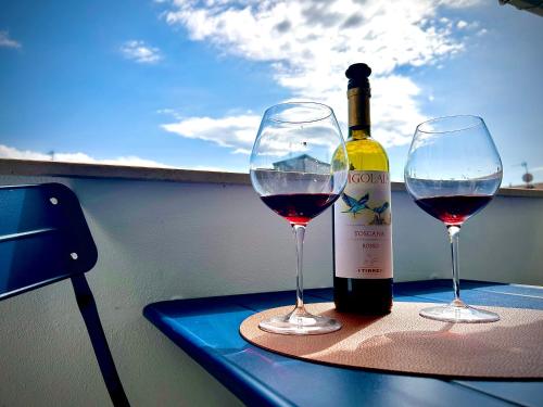 a bottle of wine and two glasses on a table at Casa Malù, Corso Italia Piombino AC in Piombino