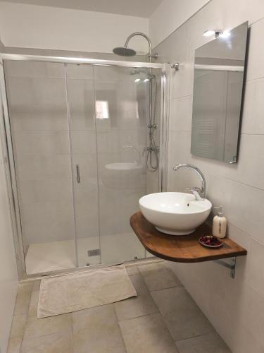a bathroom with a shower and a white sink at Salento Corte 900 Neviano in Neviano