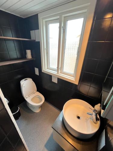 a bathroom with a toilet and a sink and a window at Lejlighed med højt til loftet in Herning