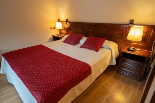 a bedroom with a large bed with red pillows at Hotel Edelweiss in Camprodon