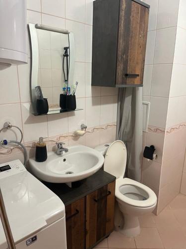 a bathroom with a sink and a toilet and a mirror at ТРИ ПЛАНИНИ ап113 in Razlog