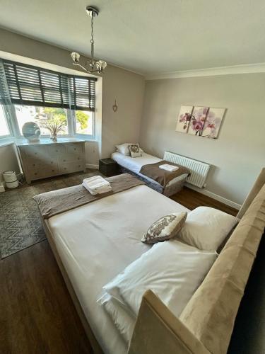 a bedroom with two beds and a window at Denzels Den Apartment 2 in Llandudno Junction
