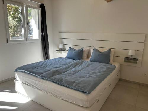 ContraにあるGuest House 6646の青い枕が付いた大きなベッドのある寝室