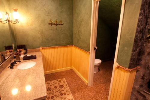 a bathroom with a sink and a toilet at Destinations Inn Theme Rooms in Idaho Falls