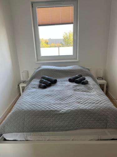 a bed with two pillows on it with a window at Apartament Brama Pomorza in Chojnice