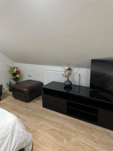 a living room with a television and a black table at A Cosy and Spacious Studio Flat in Navestock