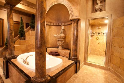 a bathroom with a tub and a shower and a sink at Destinations Inn Theme Rooms in Idaho Falls