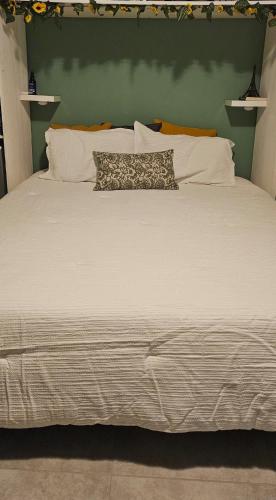 a large bed with white pillows and a green wall at Cocoon Tropical in Saint Martin