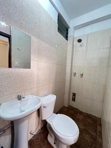 a bathroom with a toilet and a sink at Curahuasi Backpackers in Curahuasi