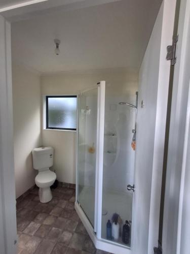 a bathroom with a shower and a toilet at Classic Kiwi Beach Batch in Tapu