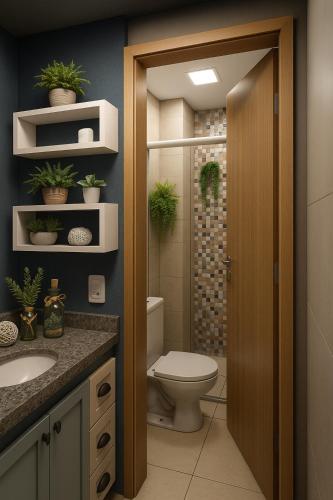 a bathroom with a toilet and a shower with plants at diRoma Luxo Oficial Apt mais diRoma Acqua Park e Splash e Slide , 3 parques Aquáticos , Roupa de Cama e Toalhas, Parcelamos até 12x no Cartão de Crédito sem Juros , Aceitamos Pet in Caldas Novas