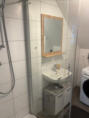a bathroom with a sink and a mirror at Modern Rooftop Apartment in City Center in Villach
