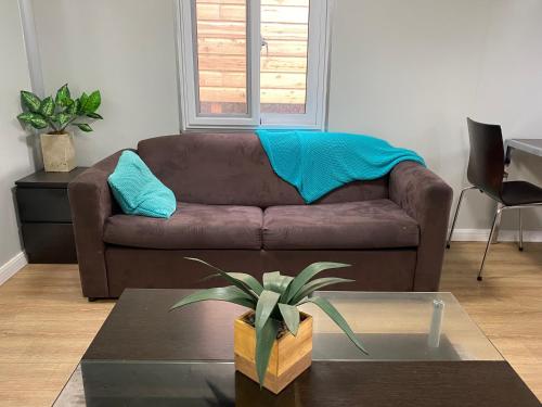 a living room with a brown couch with a blue blanket at Secret Bay Hideaway in Fishing Point