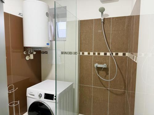 a shower in a bathroom with a washing machine at 140 m2 Spacious Apartment with Balcony & Parking in Vienna