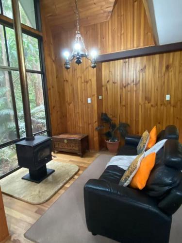 a living room with a black leather couch and a stove at Springbrook Mountain Chalets in Springbrook