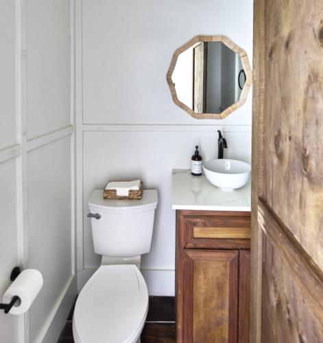 a bathroom with a white toilet and a sink at Bohemia Bungalow - Two home in James Cistern