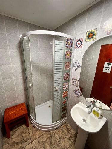 a bathroom with a shower and a sink at Hostal La Casa del Puente in Santiago
