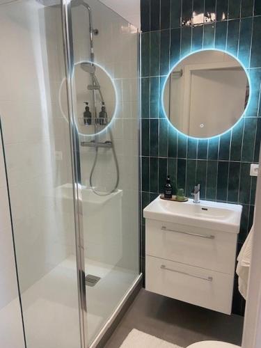 a bathroom with a shower and a sink and a mirror at Studio Premium Haguenau in Haguenau