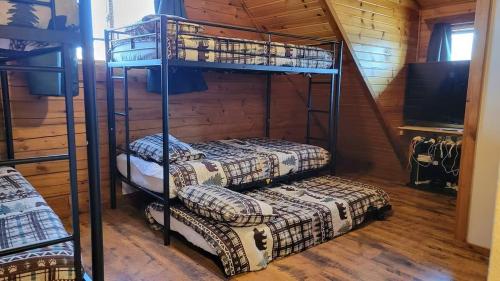 Postel nebo postele na pokoji v ubytování The Grizzly Den Cabin Warrens WI