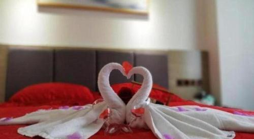 two swans making a heart on a bed at Borrman Hotel Huizhou West Lake Shuidong Street in Huizhou