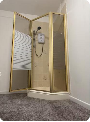 a shower with a glass door in a room at Oxford Detached Villa 5 Rooms Free Parking 4km from City Center in Oxford