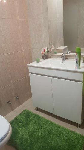 a bathroom with a sink and a toilet and a green rug at Apartamento Moderno e Elegante in Ponta Delgada