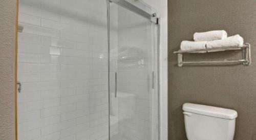 a bathroom with a shower with a toilet and towels at Hilton Garden Inn Oshkosh in Oshkosh