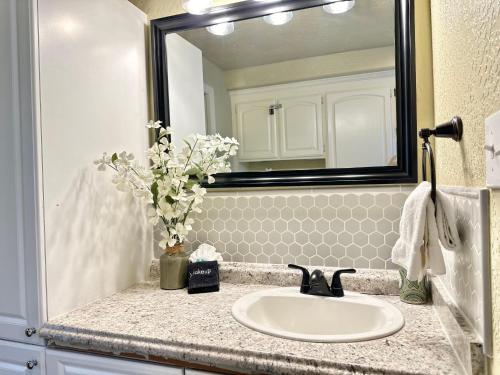 a bathroom with a sink and a mirror at Near Downtown- Kitchen-washerdryer-parking in Medford