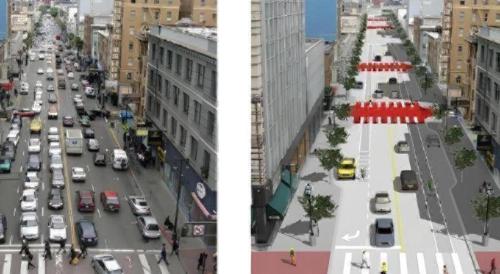 two pictures of a city street with cars on the road at Desmond Hotel in San Francisco