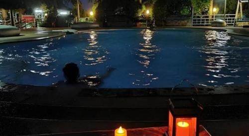 a dog sitting in a swimming pool at night at Hihotel Saraburi in Sara Buri