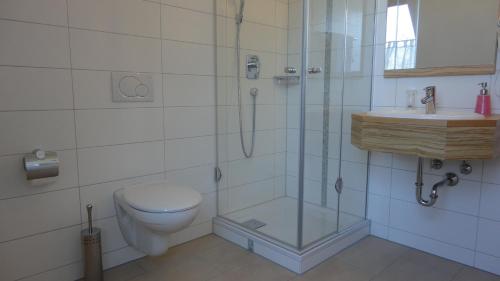 a bathroom with a shower and a toilet and a sink at Gasthof Krone in Ötisheim