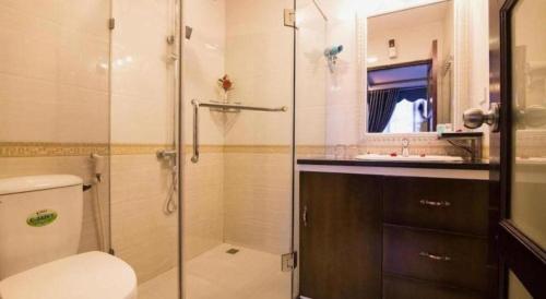a bathroom with a shower and a toilet and a sink at Hanoi Dai Duong Hotel 1 in Hanoi