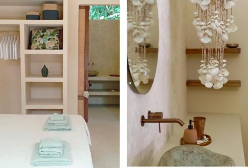 two pictures of a bathroom with a sink and a mirror at ëkë Jungle Villa -Your Luxurious Escape Awaits in Tapantí