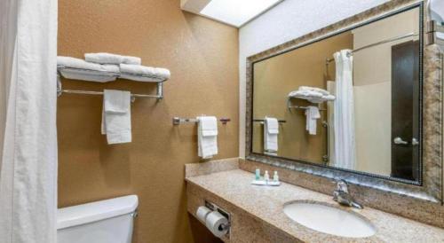 a bathroom with a sink and a mirror and a toilet at Quality Inn & Suites Jefferson City in Jefferson City