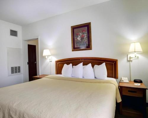a hotel room with a large bed with white pillows at Quality Inn & Suites Airport in Austin