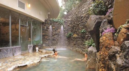 a swimming pool in a building with a waterfall at Onyang Hot Spring Hotel in Asan