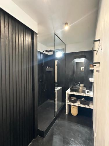 een badkamer met een douche en een wastafel bij design apartment in Parijs