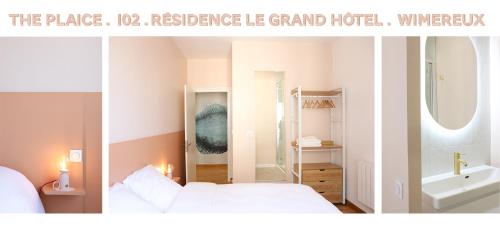 two pictures of a bedroom with a bed and a bathroom at T h e - P L A I C E in Wimereux