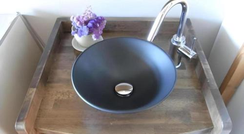 a bathroom sink with a blue bowl and a sink at Espoir Misawa in Hakuba